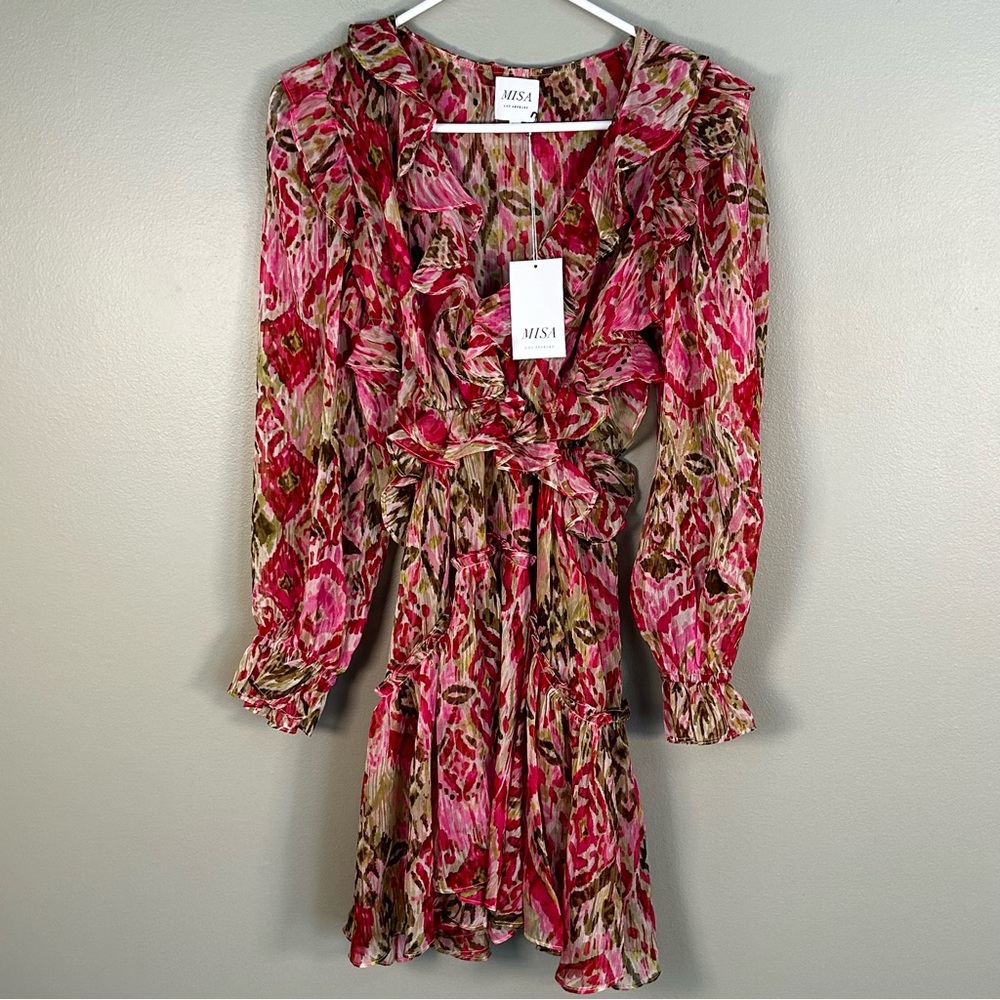 Amanya Dress in Summer Ikat MISA LOS ANGELES pink long sleeve mini women’s